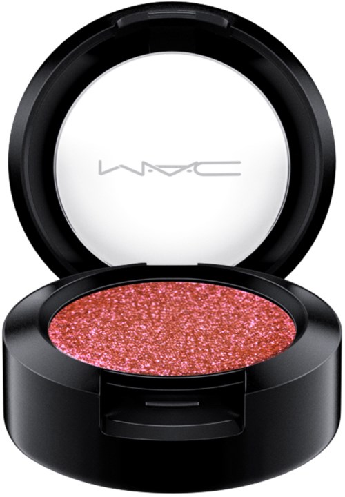 En rund makeup blush-beholder med rosa, glitteraktig blush inni og et speil i lokket.