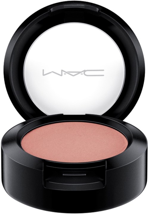 Ein runder schwarzer Make-up-Deckel mit Spiegel, enthält rosafarbenes Rouge.