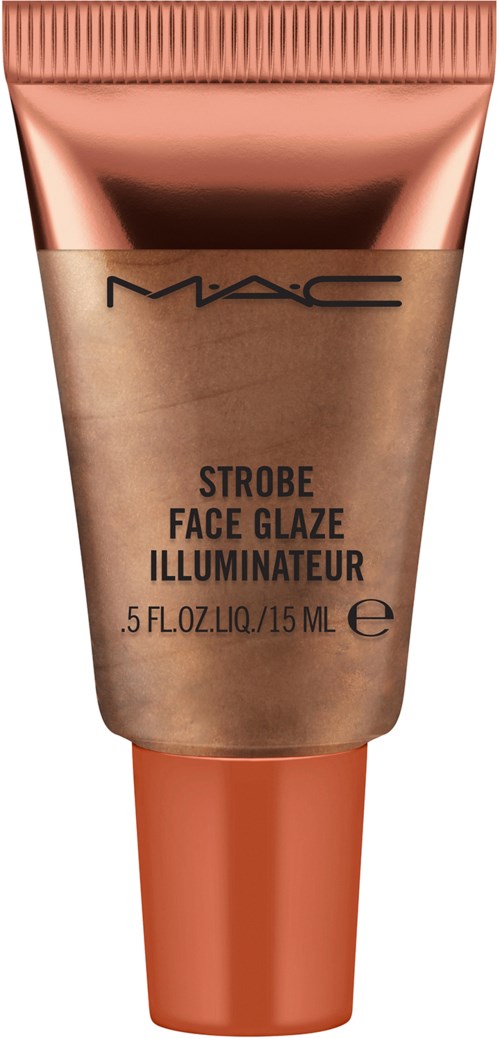 En tub M·A·C Strobe Face Glaze Illuminator med metallisk roséguldfinish och svart text.
