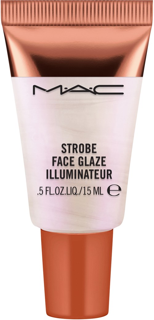 En tub med MAC Strobe Face Glaze med kopparfärgat lock och vit kropp, märkt som glänsande sminkprodukt.