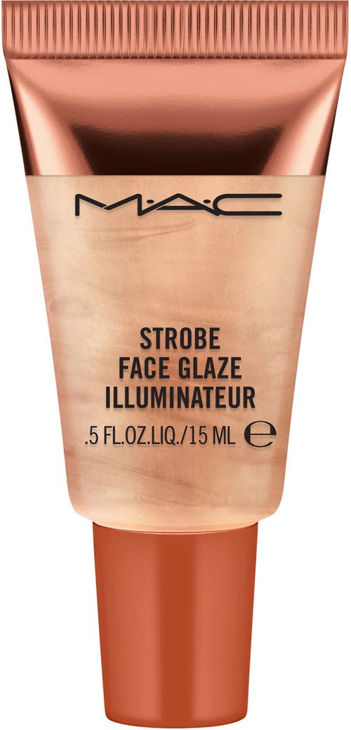 En tub med MAC Strobe Face Glaze Illuminator i en persikfärgad behållare.