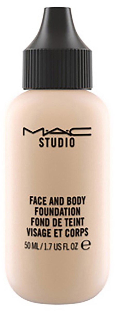 Bezgowa butelka z czarnym korkiem, oznakowana MAC Studio podkład do twarzy i ciała, 50 ml.