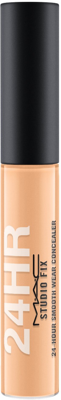 A concealer stick with a black cap and beige body labeled "24H Studio Fix," for full coverage.