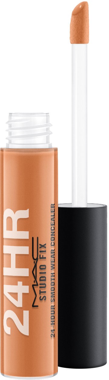 Ein Lipgloss-Röhrchen mit pfirsichfarbener Gloss, weißem Applikator und schwarzem Deckel, beschriftet '24HR Studio Fix'.