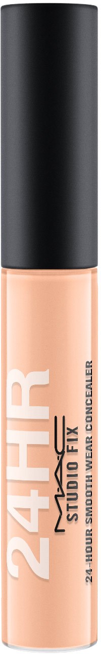 En tube med concealer med svart hette og beige væske inni, merket "24HR" og "Studio FX."