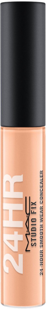 Det er en leppestiftglansetube merket '24HR Studio Fix' med svart lokk og beige gloss.