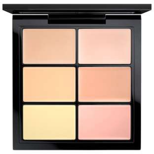 En makeup palette med seks forskellige nuancer, fra lys til pink, arrangeret i to kolonner.