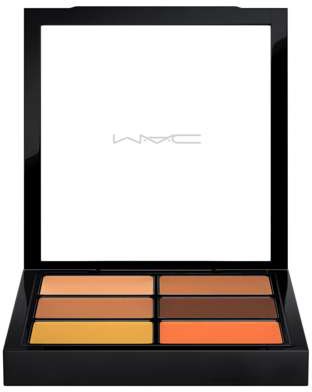 En makeup palette med seks farver: beige, brunt, orange, gult, mørkebrunt og orange. MAC-logo på spejlet.