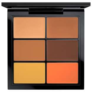 En makeuppalette med seks nuancer fra beige til orange, arrangeret i to kolonner og tre rækker.