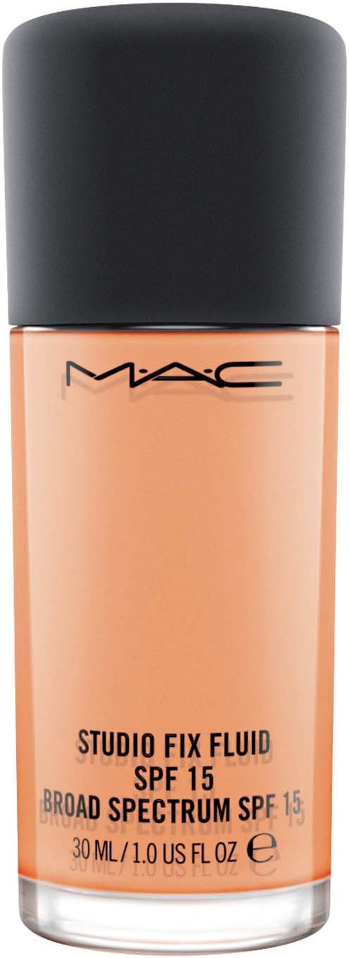 En flaska MAC Studio Fix Fluid foundation med SPF 15, i persikofärg, 30 ml kapacitet.