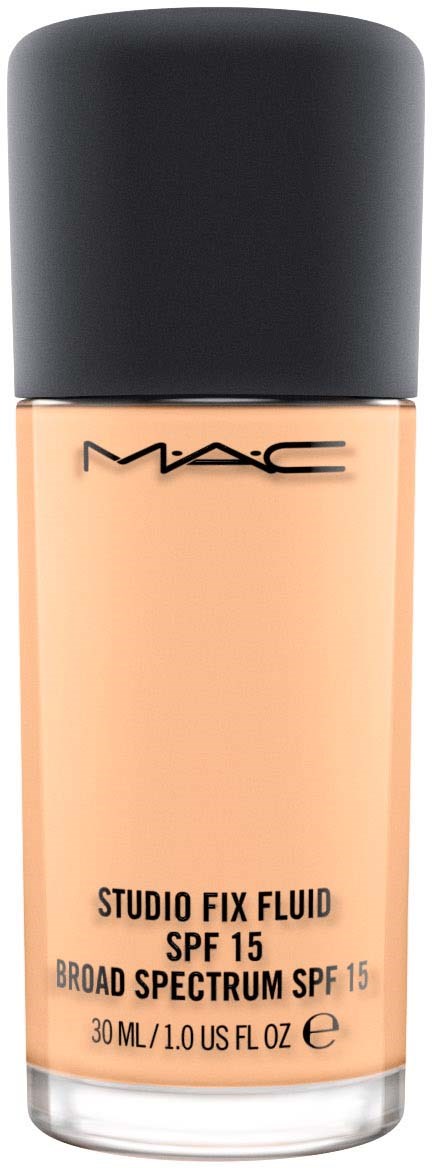 En flaske MAC Studio Fix Fluid med SPF 15 i beige farve. Sort låg og enkel etikettekst.