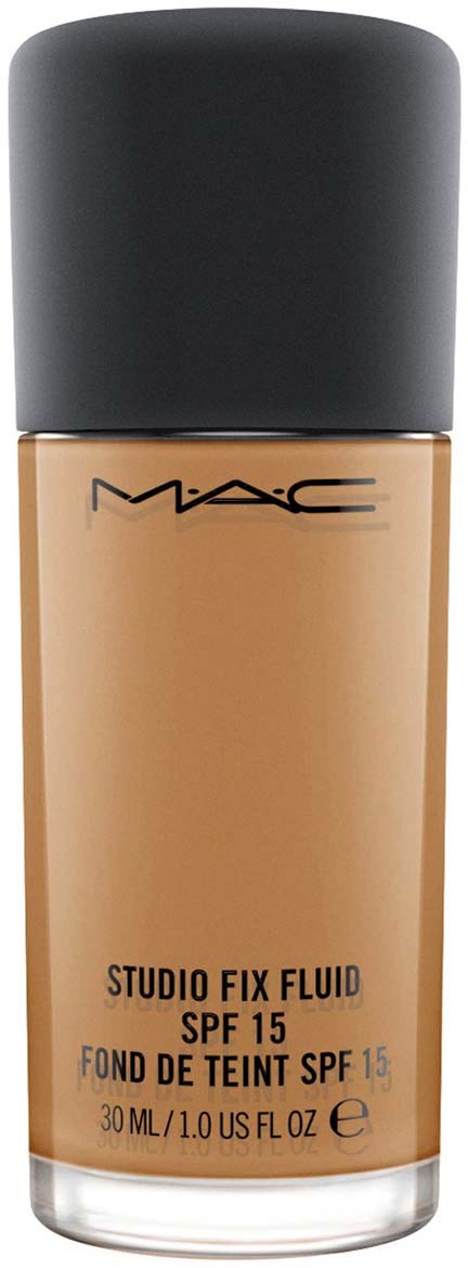 En flaska MAC Studio Fix Fluid foundation med solskydd SPF 15 i en beige nyans.