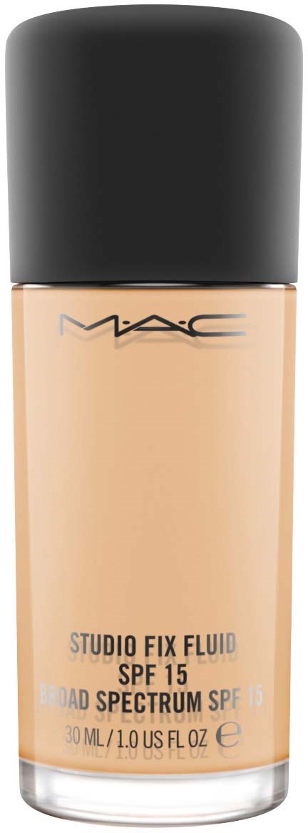 En flaska MAC Studio Fix Fluid foundation med SPF 15, stor storlek, beige färg, svart lock.