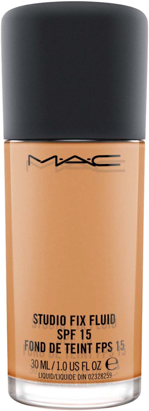 En flaske af MAC Studio Fix Fluid foundation med SPF 15, 30 ml, i beige farve med sort låg.