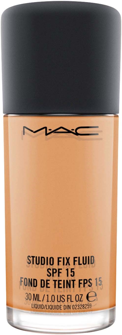 Flaske med MAC Studio Fix Fluid foundation, SPF 15, i beige farve med sort låg.