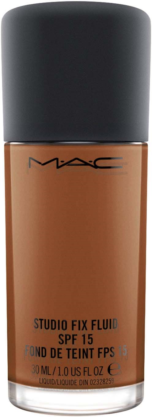 A bottle of MAC Studio Fix Fluid foundation with SPF 15 in a brown shade.