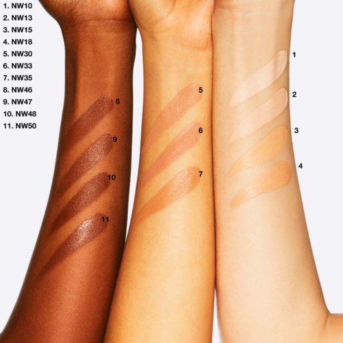 Swatches of different foundation shades are displayed on three arms, numbered from light to dark. A guide shows shade names.