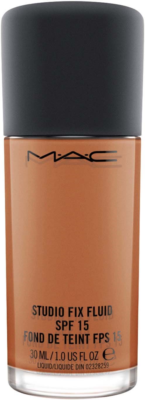 En flaske MAC Studio Fix Fluid med SPF 15, i beige væske, sort låg, og klar etiket.