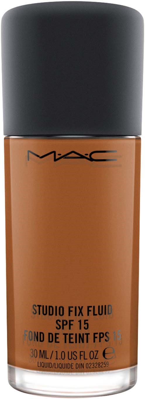 A bottle of MAC Studio Fix Fluid foundation with SPF 15, 30 ml, brown color, black cap.