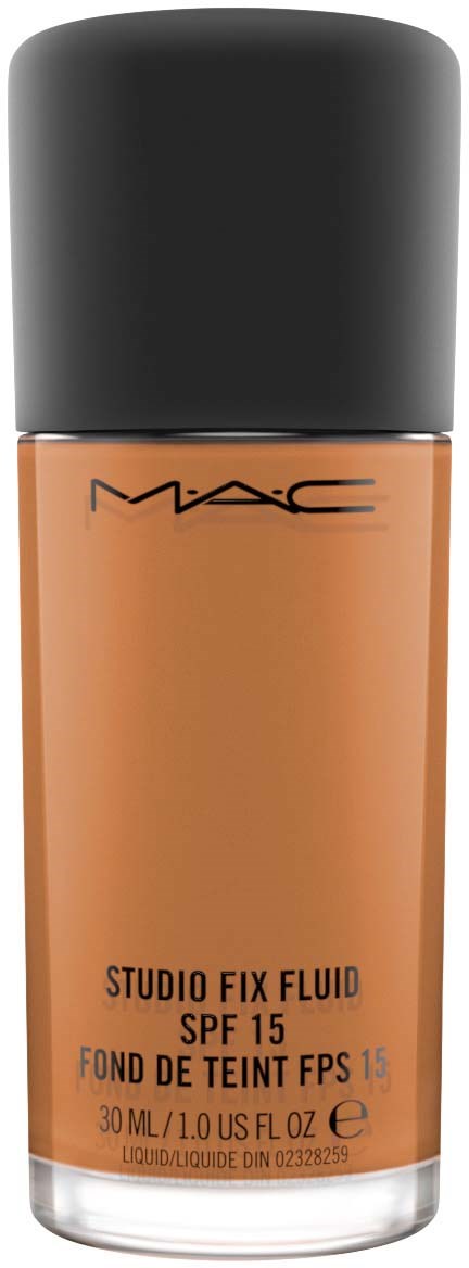 Flydende foundation flaske med SPF 15, MAC-mærke, i brunt, med sort låg.