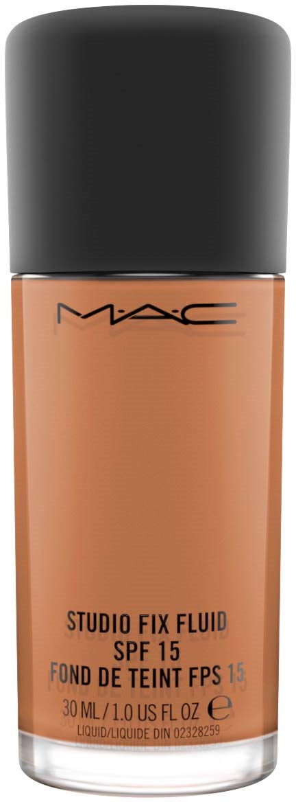 En flaska MAC Studio Fix Fluid foundation med SPF 15, innehåller 30 ml, i en beige nyans med svart lock.