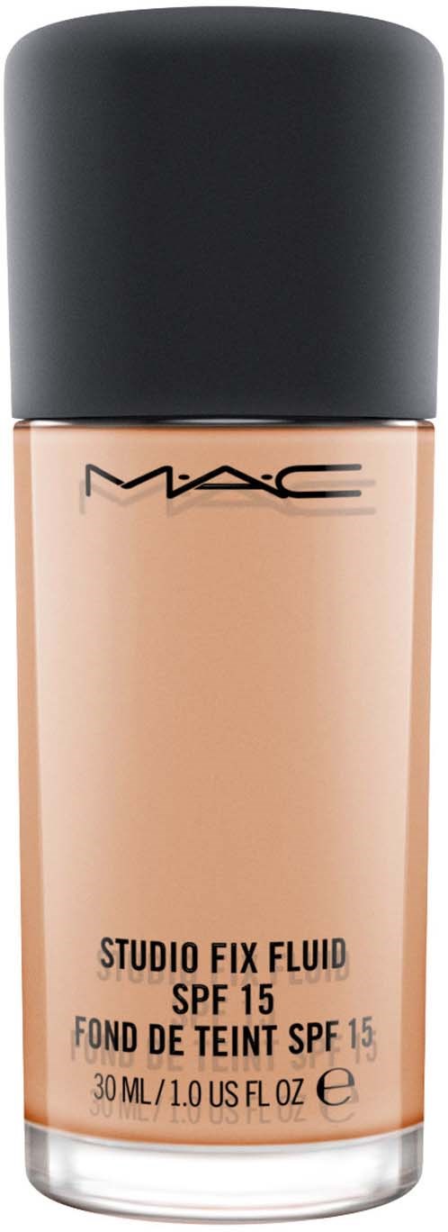 En flaske MAC Studio Fix Fluid foundation med SPF 15, 30 ml, i beige farve med sort hætte.