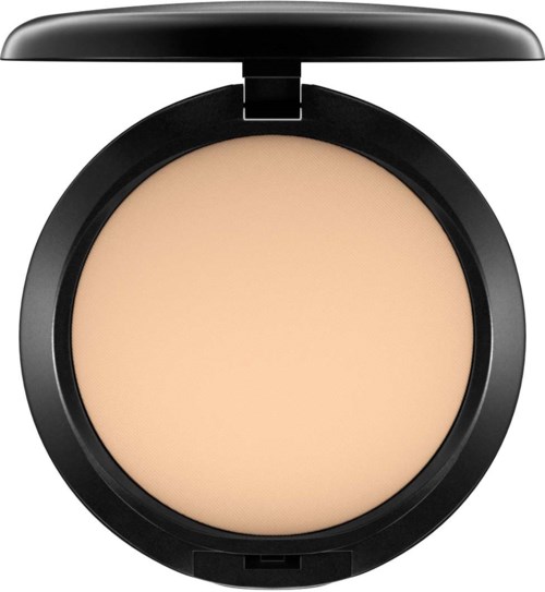 A round compact with beige pressed powder inside and a black lid open. No additional items or designs visible.