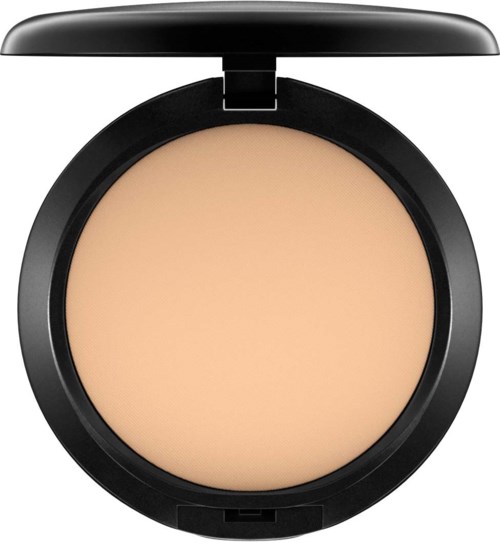 A round compact with beige powder inside, black case, and opened lid.