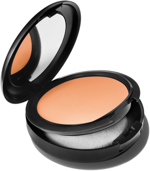 A compact black makeup case with peach-colored powder and a mirror inside.