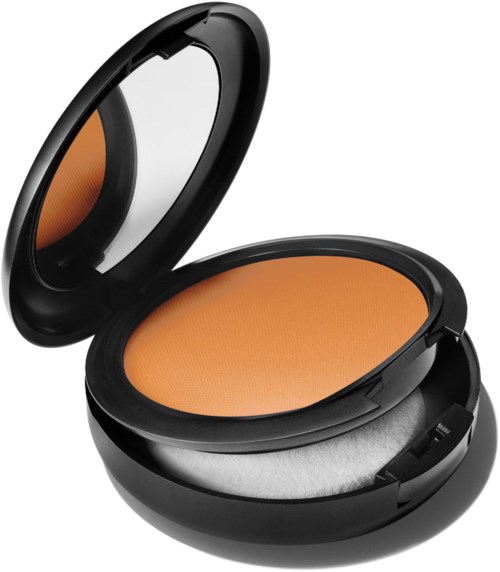 En liten rund sak med speil, oransje pudder og en svamp, en slags sminkeprodukt.