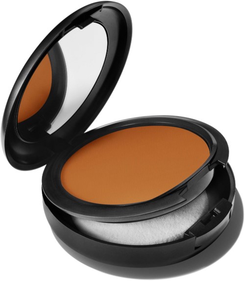 En liten sminkeske med oransje pulver og et speil inni lokket.