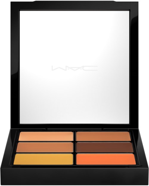 Een make-up palet met zes tinten van beige tot oranje, met een spiegel in deksel.