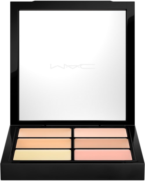 Ein offener Make-up-Koffer mit sechs verschiedenen Rouge- und Highlighter-Tönen in einem schwarzen Gehäuse.