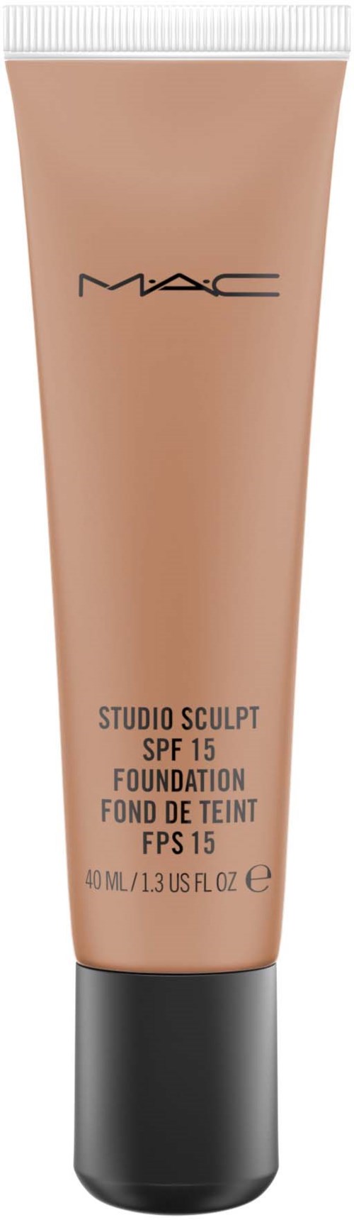 En beige tube MAC Studio Sculpt foundation med SPF 15, 40 ml kapacitet, sort låg og logo.