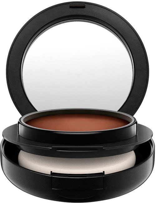 Eine runde schwarze Make-up-Box mit Spiegel und braunem Puder.