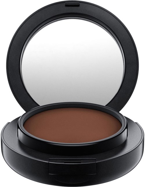 Eine schwarze kleine Dose mit braunem Make-up und Spiegel oben.