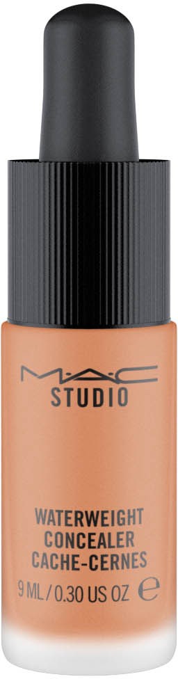En flaska MAC Studio waterweight concealer, med svart lock och beige vätska inuti.