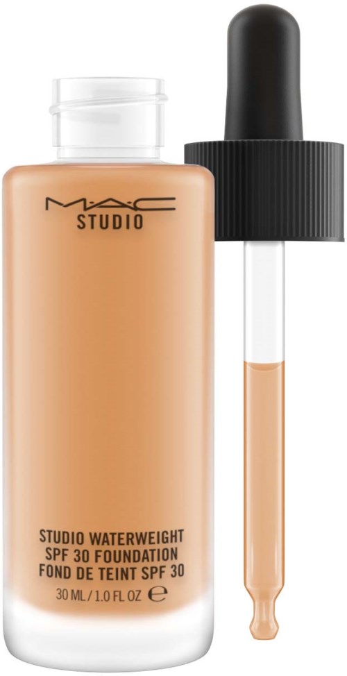 Butelka podkładu z pipetą, oznaczona MAC Studio Waterweight SPF 30, w beżowym kolorze.