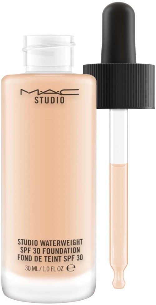 Butelka produktu do pielęgnacji skóry z pipetą, oznaczona MAC Studio Waterweight SPF 30 foundation.