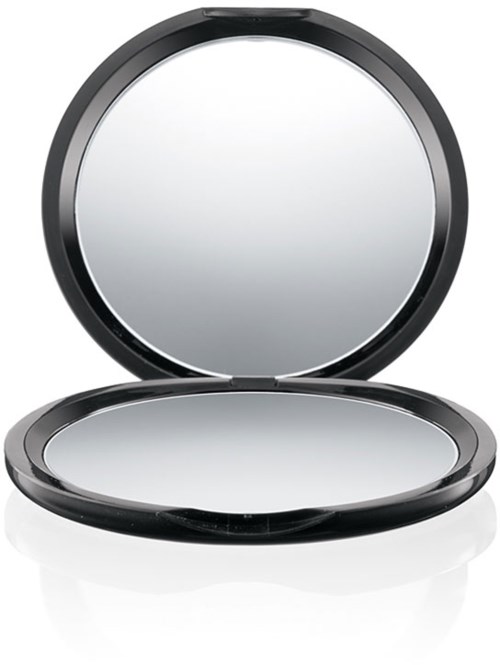 En svart liten spegel med rund form och öppen lock, visar reflekterande ytor inuti.