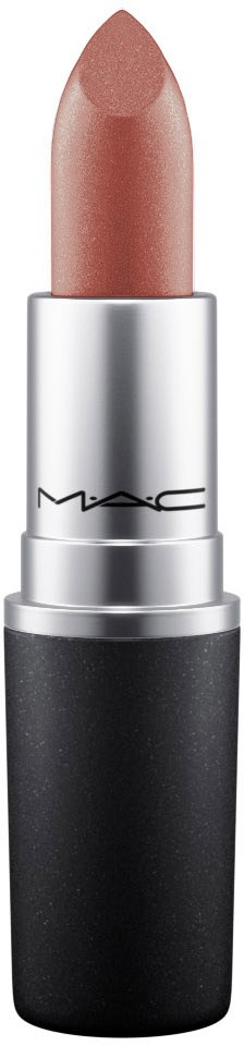 Ein Lippenstift in silberner und schwarzer Hülle, beige-pink. Steht aufrecht.