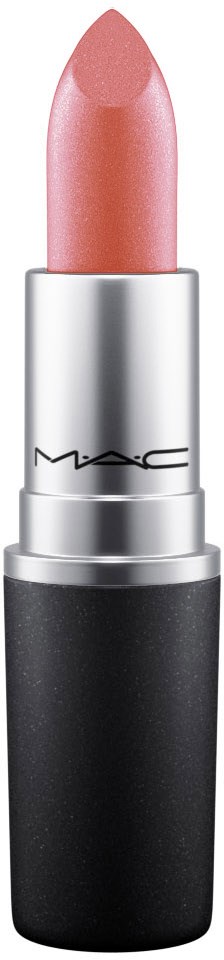 Ein Lippenstift in Pfirsichfarbe in schwarzem und silbernem Gehäuse von MAC.