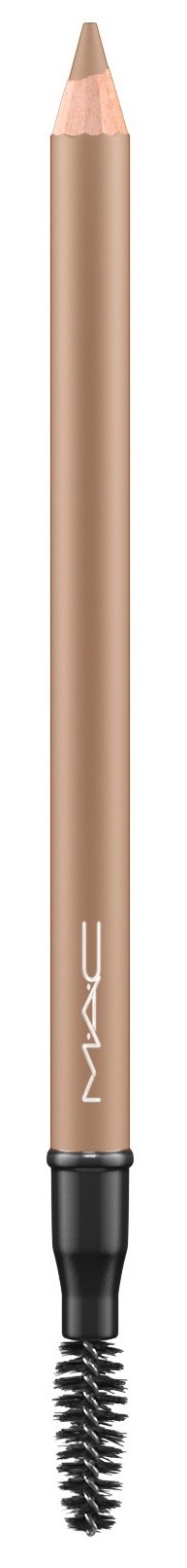 En beige blyant med svart caps og en spiralbørste på enden, sannsynligvis en øyenbryns- eller eyelinerblyant.