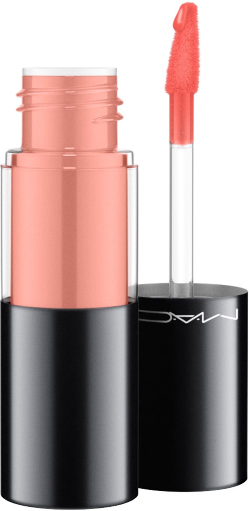 A MAC lipstick with a pink shade and applicator brush. The container is black and sleek.