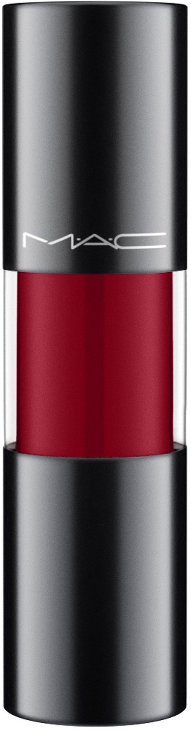 A red lipstick in a black and silver tube from MAC cosmetics.