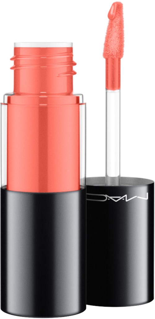A coral-colored lip gloss with applicator stick and black cap, standing upright.