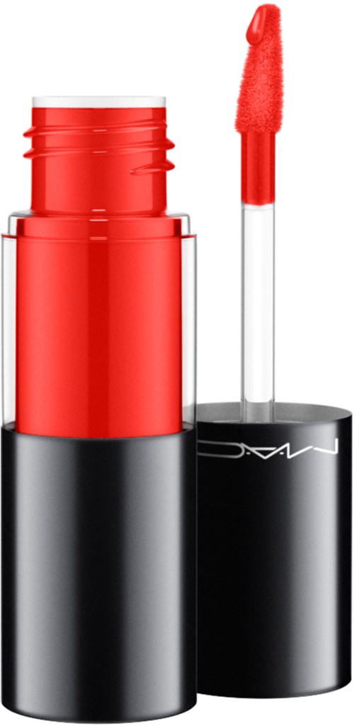 A red liquid lipstick with a doe-foot applicator and black cap labeled MAC.