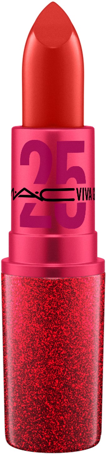 En ljus röd läppstift med ett rosa och röd glitterhölje, del av MAC:s 25-årsjubileumssamling.
