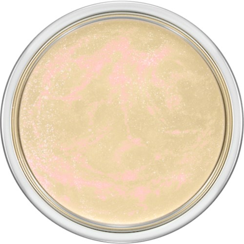 En burk med kräm eller lotion i ljusgul färg med rosa glansar på toppen.