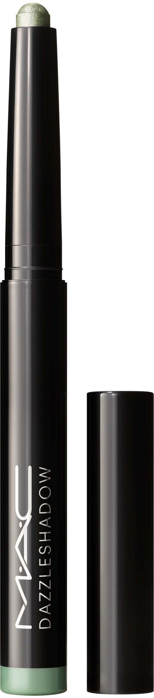 Czarna i zielona szminka z nakrętką, oznaczona MAC Dazzle Shadow, na czarnym tle.